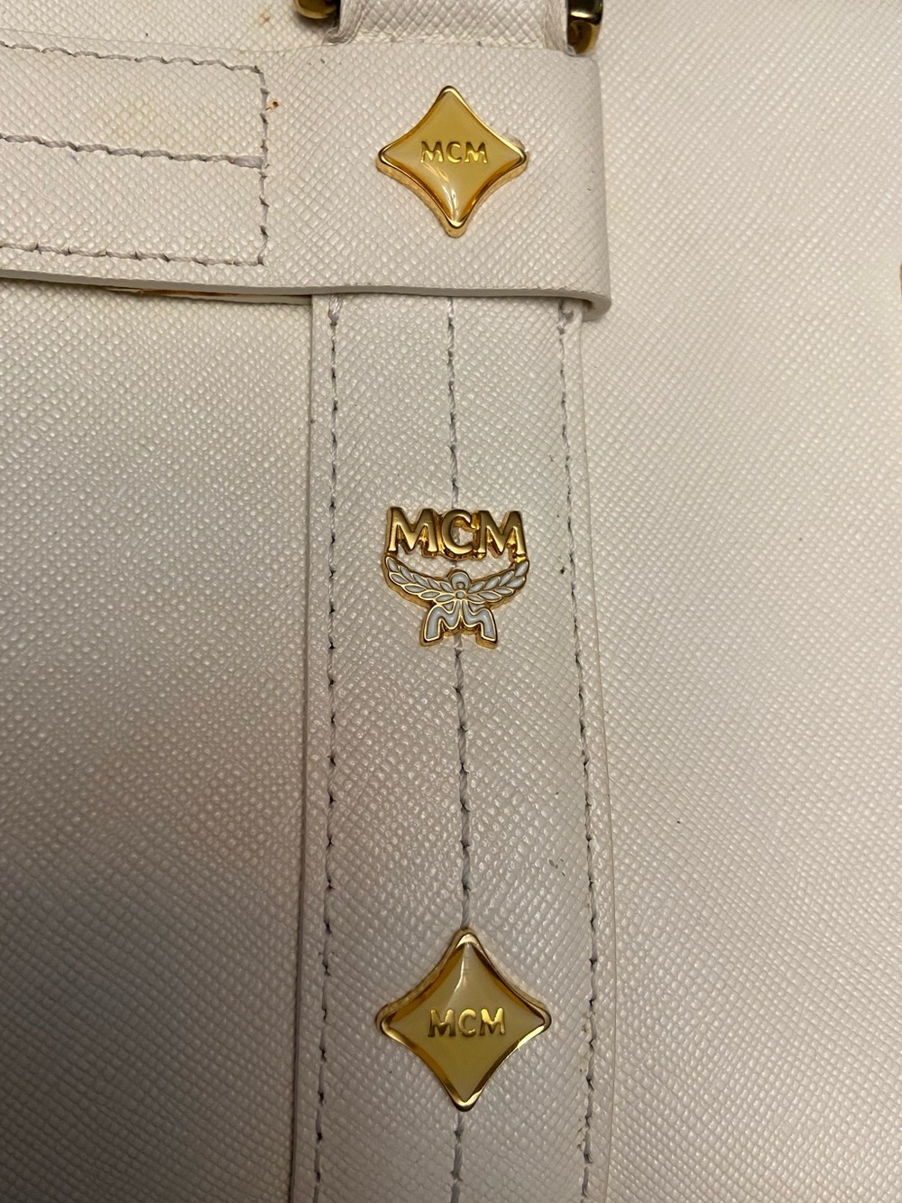 Authentic MCM Ivory Leather Boston Tote / Crossbody with Gold Hardware & Chain - Picture 13 of 16